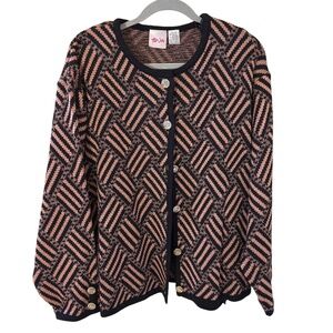 *Vintage 2XL 80s 90s TanJay Black & Pink Geometric Knit Cardigan 2X winter XXL